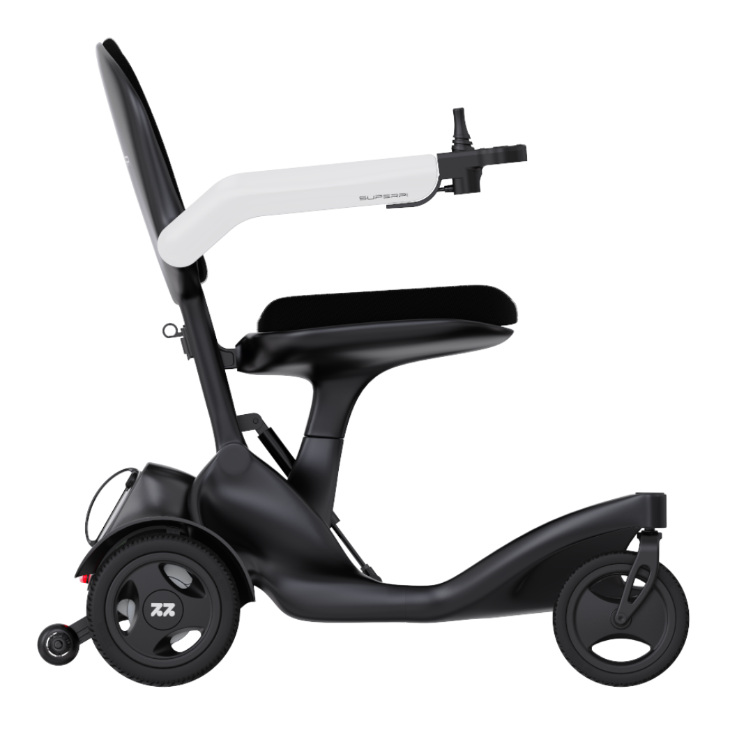 The Superpi P2 Portable Electric Wheelchair, shown in profile on a white background, features a sleek black design with a white armrest, three wheels, and a comfortable seat—ideal for enhanced mobility and comfort.