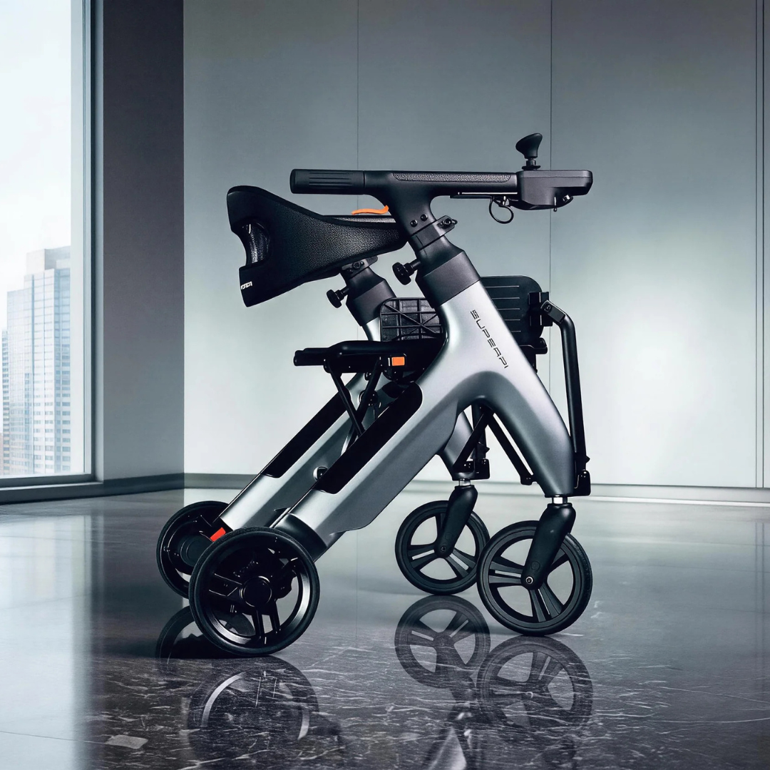 A modern Superpi W1 Electric Wheelchair Rollator with 4-in-1 functionality, black wheels, and a contoured seat stands on a polished floor in a bright room with large windows and city views.