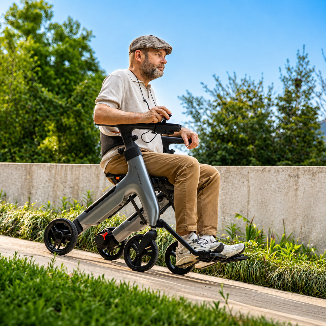 A man in casual attire rides the Superpi W1 Electric Wheelchair Rollator with 4-in-1 Functionality along a paved path, surrounded by greenery and trees under a clear blue sky.