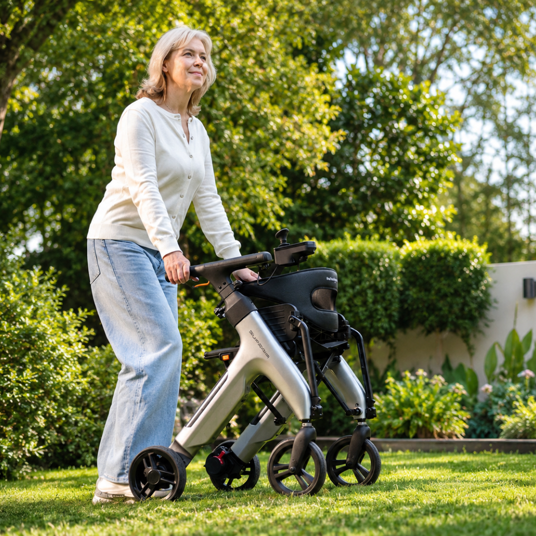 A smiling older woman with gray hair, in a white shirt and blue jeans, enjoys her mobility on a green lawn using the Superpi W1 Electric Wheelchair Rollator with 4-in-1 Functionality surrounded by trees and bushes.