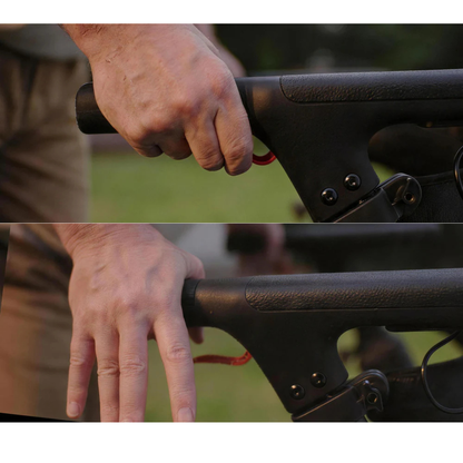 Two close-up images show a hand gripping the black handle of the Superpi W1 Electric Wheelchair Rollator with 4-in-1 Functionality: in one, the grip is firm; in the other, fingers are relaxed and extended along the handle.