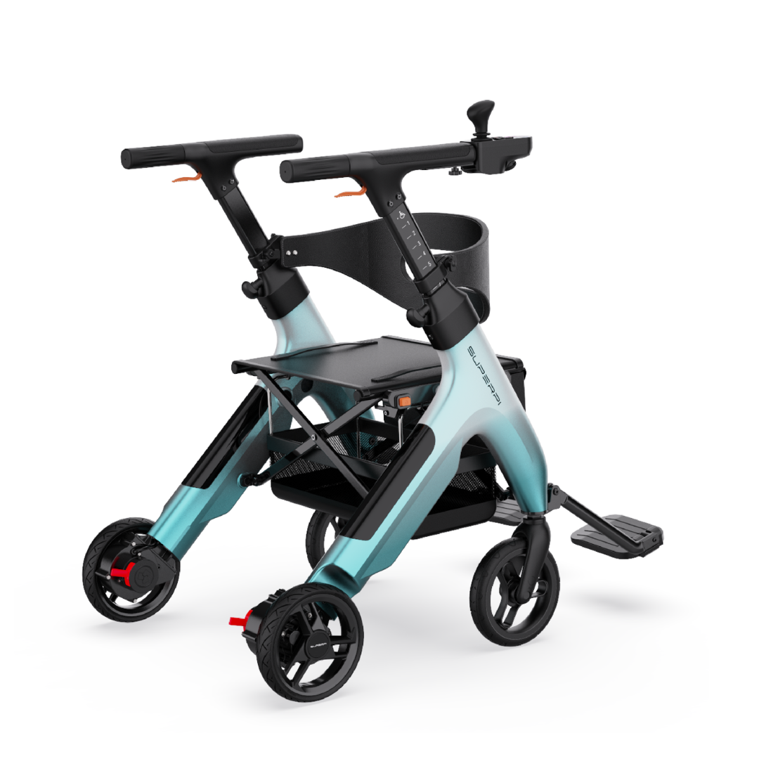 The Superpi W1 Electric Wheelchair Rollator with 4-in-1 Functionality is a modern, compact, foldable mobility aid with four wheels, seat, footrest, storage basket, ergonomic handles and a teal-black color scheme—ideal for versatile support.