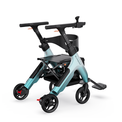 The Superpi W1 Electric Wheelchair Rollator with 4-in-1 Functionality is a modern, compact, foldable mobility aid with four wheels, seat, footrest, storage basket, ergonomic handles and a teal-black color scheme—ideal for versatile support.