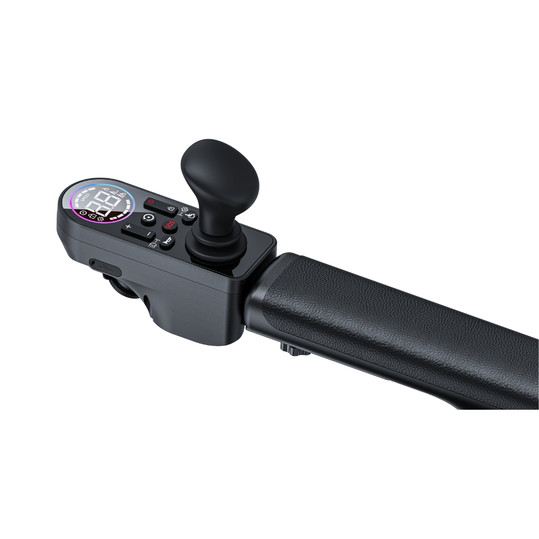 Close-up of the black Superpi W1 Electric Wheelchair Rollator 4-in-1's joystick controller featuring a digital display with numbers and indicator symbols, multiple buttons, and a padded armrest.