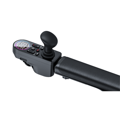 Close-up of the black Superpi W1 Electric Wheelchair Rollator 4-in-1's joystick controller featuring a digital display with numbers and indicator symbols, multiple buttons, and a padded armrest.