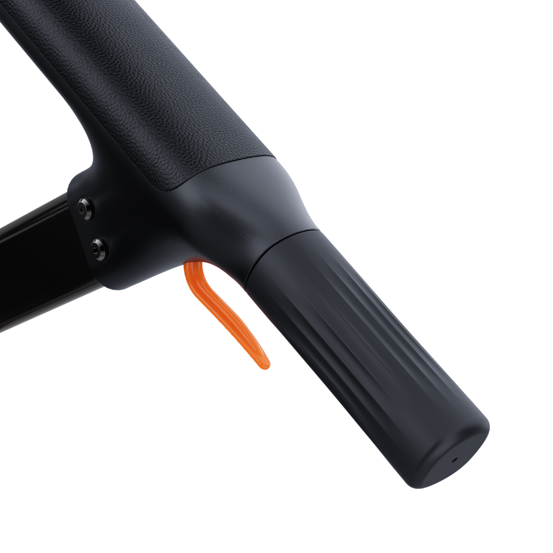 Close-up of a black handle with a textured grip and orange lever, part of the Superpi W1 Electric Wheelchair Rollator with 4-in-1 Functionality, shown against a white background.