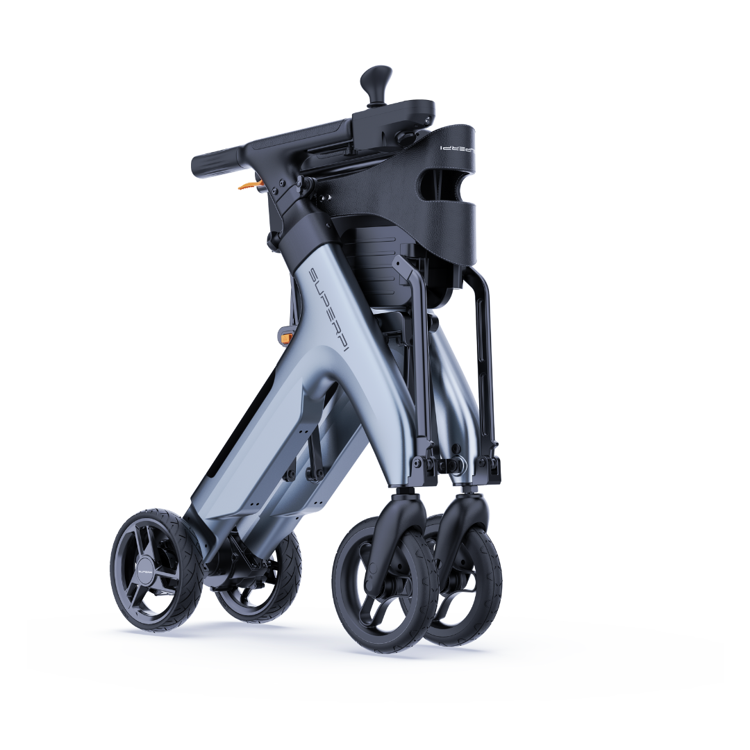 The Superpi W1 Electric Wheelchair Rollator with 4-in-1 Functionality in silver and black has four wheels and is shown folded upright compactly on a white background.
