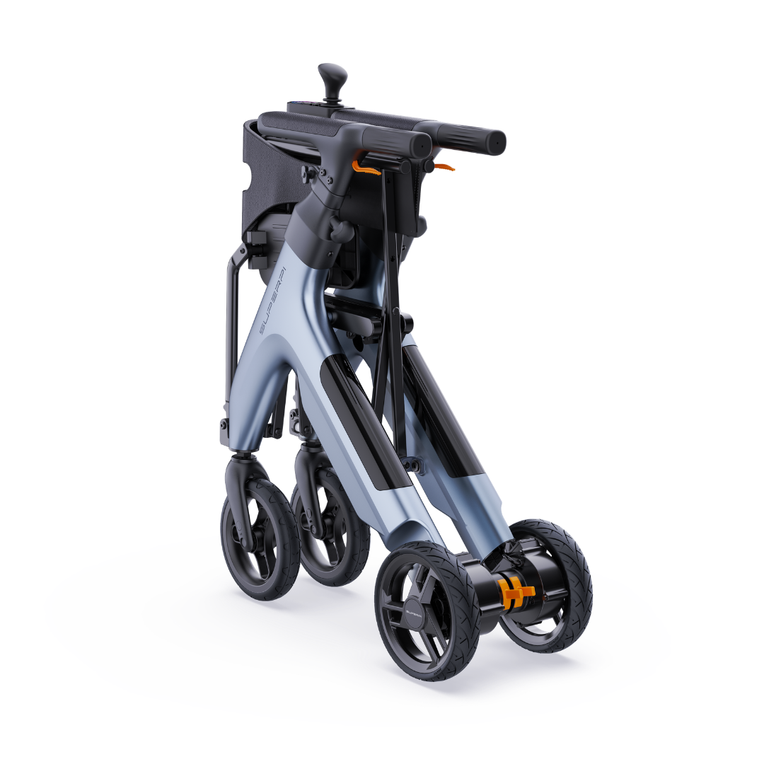 The Superpi W1 Electric Wheelchair Rollator offers 4-in-1 functionality, featuring four wheels, a sturdy frame, ergonomic handles, and a storage compartment for easy mobility and convenience.