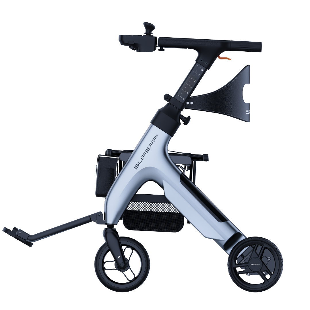 The Superpi W1 Electric Wheelchair Rollator offers 4-in-1 functionality, featuring a sleek, metallic finish, adjustable handle, and storage compartments for versatile mobility and modern convenience.