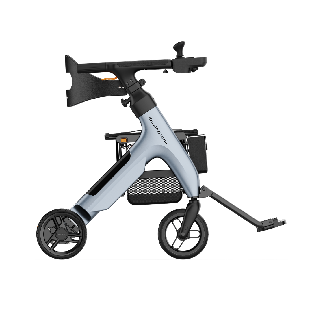 The Superpi W1 Electric Wheelchair Rollator, featuring 4-in-1 functionality and a modern design, is shown in side profile against a white background.