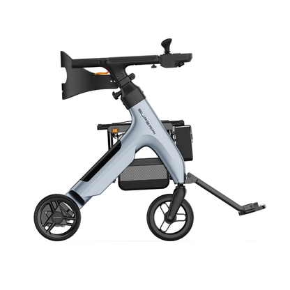 The Superpi W1 Electric Wheelchair Rollator, featuring 4-in-1 functionality and a modern design, is shown in side profile against a white background.