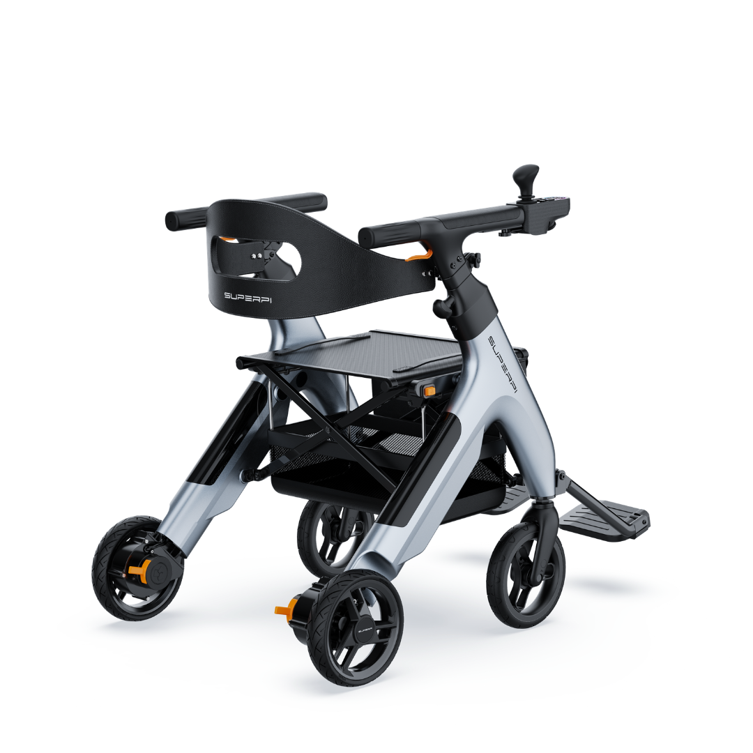 The Superpi W1 Electric Wheelchair Rollator with 4-in-1 functionality features a lightweight, ergonomic metallic silver frame, black and orange accents, four wheels, plus a small seat, backrest, and footrest for modern mobility.