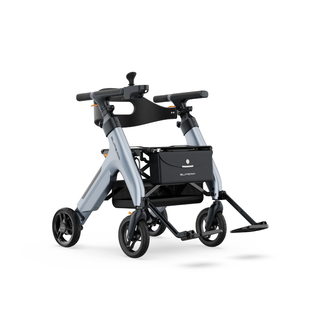 The Superpi W1 Electric Wheelchair Rollator offers 4-in-1 functionality with four wheels, a seat, handlebars, and front storage pouch, providing modern, lightweight walking support and convenience for users on the go.