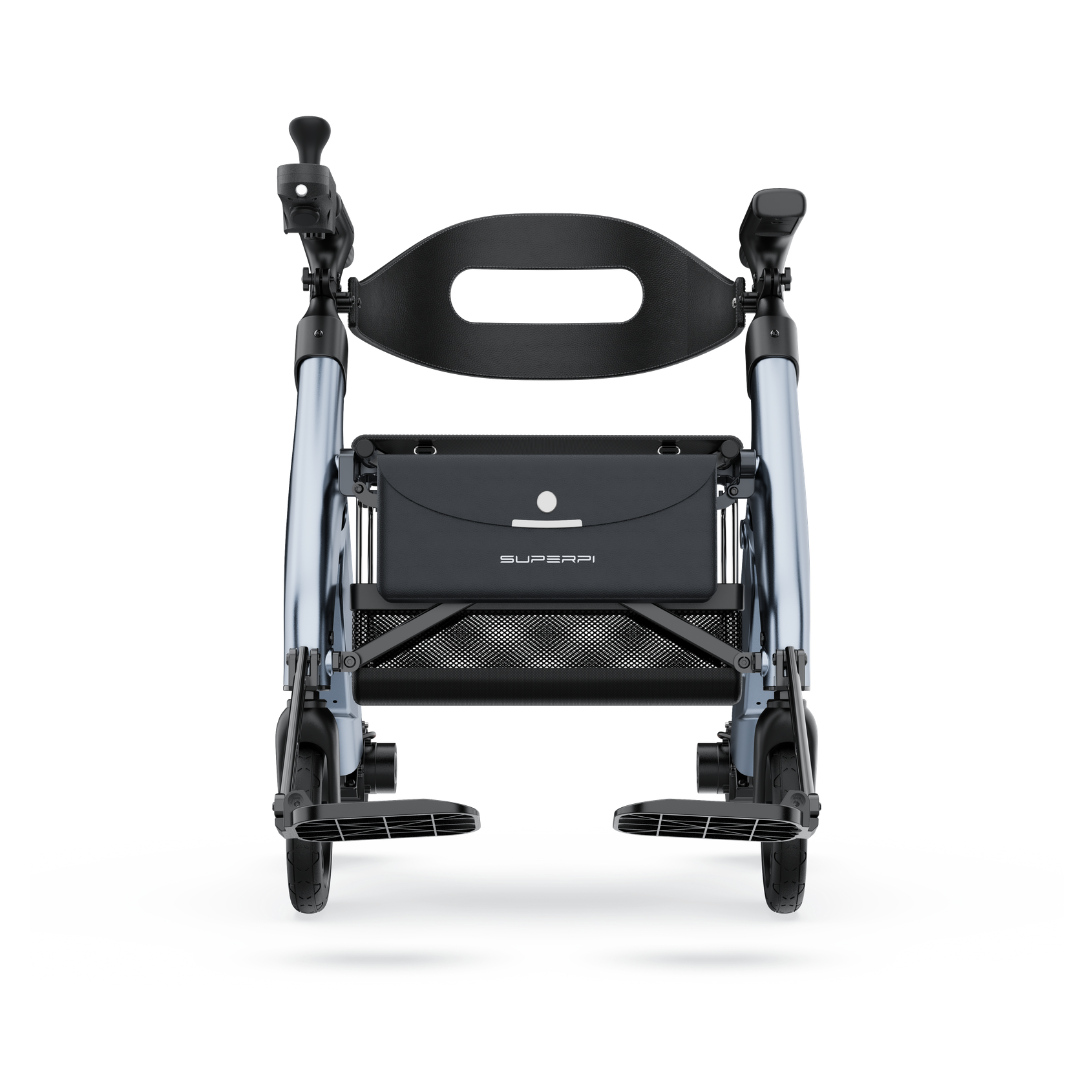 Front view of the Superpi W1 Electric Wheelchair Rollator with 4-in-1 functionality, showing its curved backrest, armrests, metal frame, black storage pouch, and two footrests against a white background.