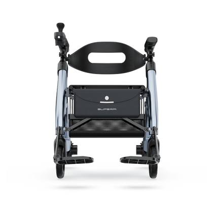 Front view of the Superpi W1 Electric Wheelchair Rollator with 4-in-1 functionality, showing its curved backrest, armrests, metal frame, black storage pouch, and two footrests against a white background.