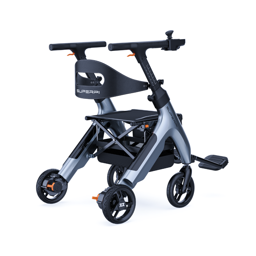 The Superpi W1 Electric Wheelchair Rollator features 4-in-1 functionality in a sleek, foldable design with four wheels, compact gray and black frame, seat, footrest, handlebars, and orange accents—ideal for versatile mobility.