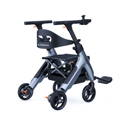 The Superpi W1 Electric Wheelchair Rollator features 4-in-1 functionality in a sleek, foldable design with four wheels, compact gray and black frame, seat, footrest, handlebars, and orange accents—ideal for versatile mobility.