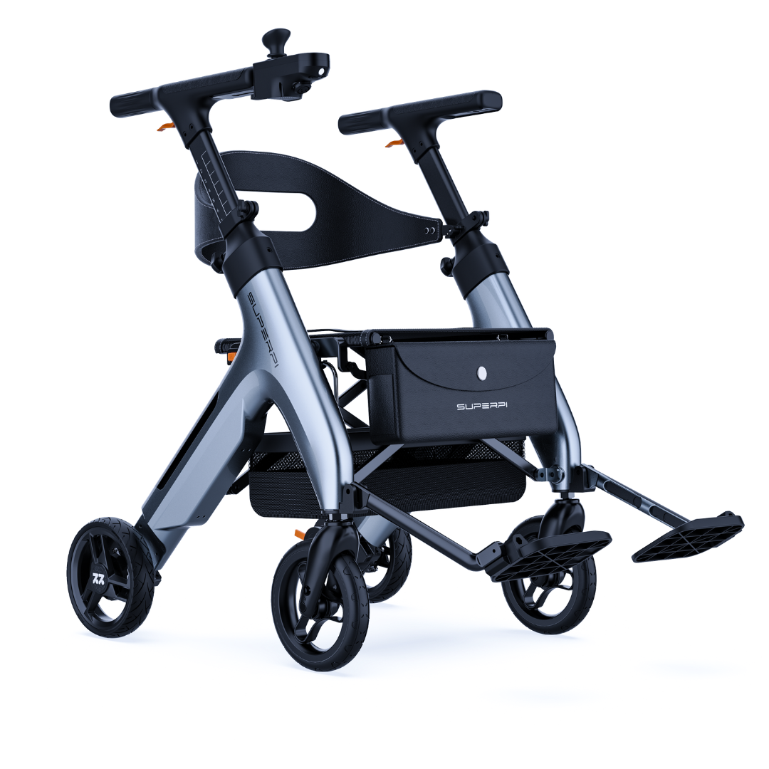 The Superpi W1 Electric Wheelchair Rollator offers 4-in-1 functionality in a modern, lightweight design with a metallic frame, black handlebars, storage pouch, and footrests for easy transport and accessibility.