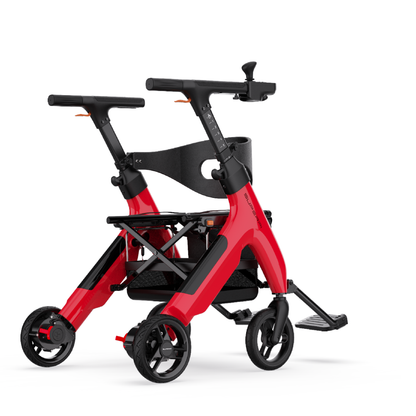 The Superpi W1 Electric Wheelchair Rollator offers 4-in-1 functionality in a modern red and black design with four wheels, handlebars, seat, mesh basket, and a foldable footrest—perfect for comfort and easy mobility.
