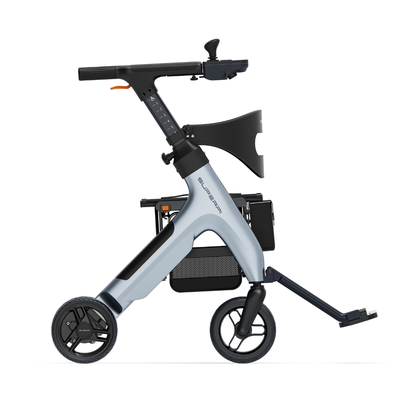 The Superpi W1 Electric Wheelchair Rollator offers 4-in-1 mobility with a lightweight silver frame, three wheels, ergonomic handles, adjustable height, and a mesh storage basket for added convenience.