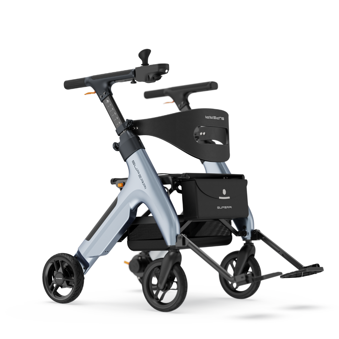 The Superpi W1 Electric Wheelchair Rollator offers 4-in-1 functionality with four wheels, seat, armrests, backrest, storage bag, and a foldable footrest—providing modern comfort and versatility in a lightweight design.