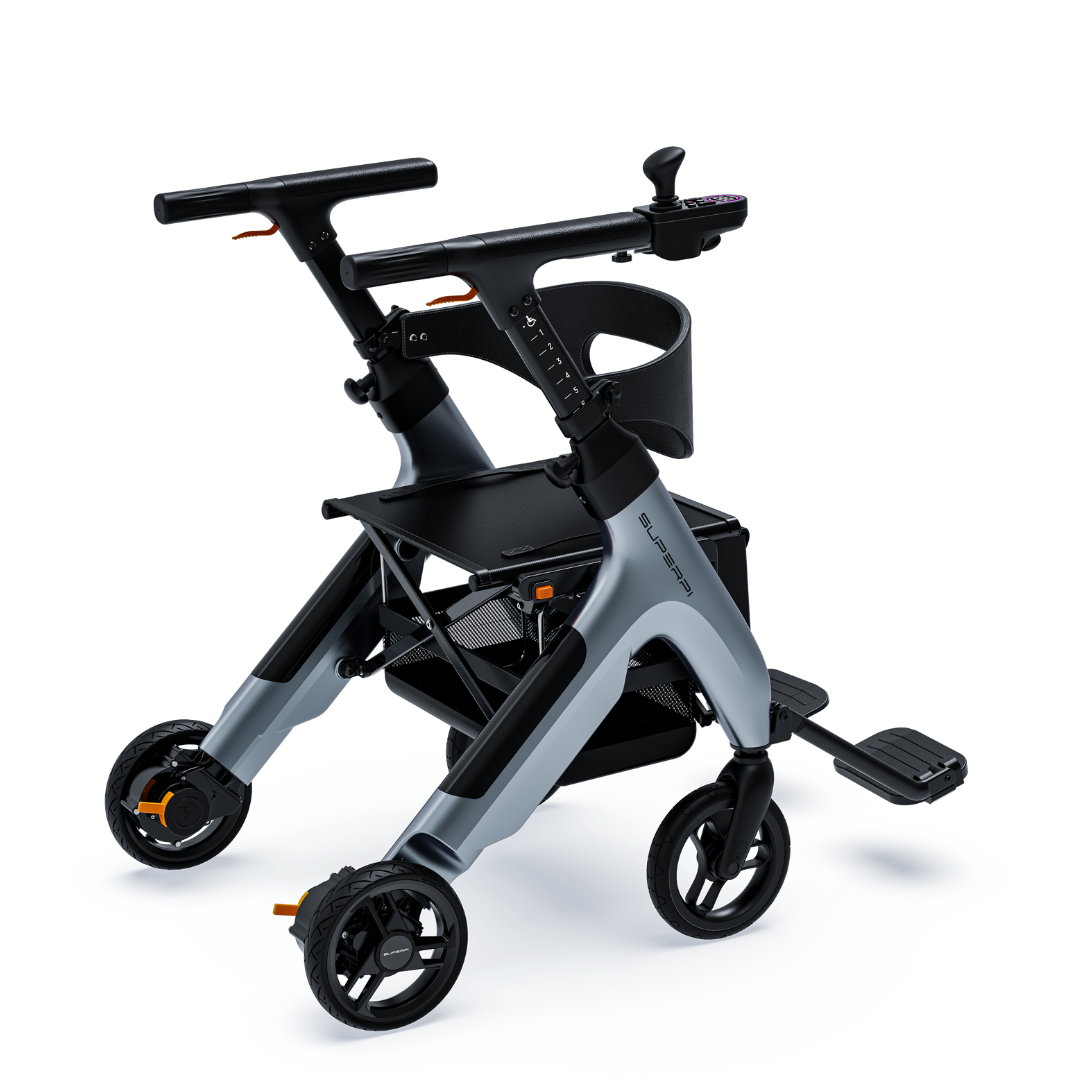 The Superpi W1 Electric Wheelchair Rollator with 4-in-1 functionality features a seat, small wheels, adjustable handlebars, footrest, and storage basket in a sleek gray and black design, displayed on a plain white background.