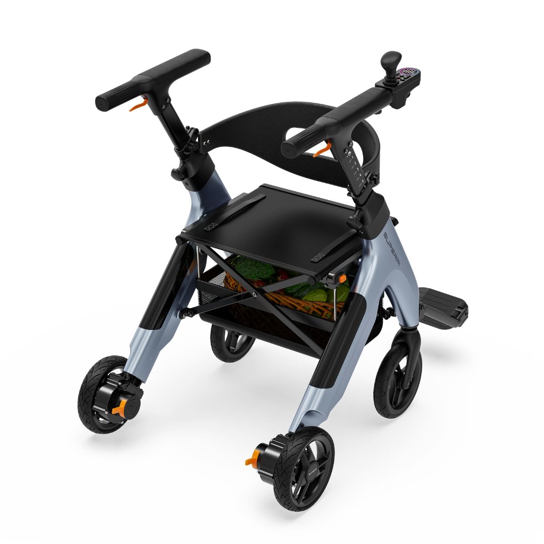 The Superpi W1 Electric Wheelchair Rollator offers 4-in-1 functionality with a black seat, sturdy frame, ergonomic handles, hand brakes, four wheels, and a storage basket for groceries.