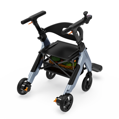 The Superpi W1 Electric Wheelchair Rollator offers 4-in-1 functionality with a black seat, sturdy frame, ergonomic handles, hand brakes, four wheels, and a storage basket for groceries.