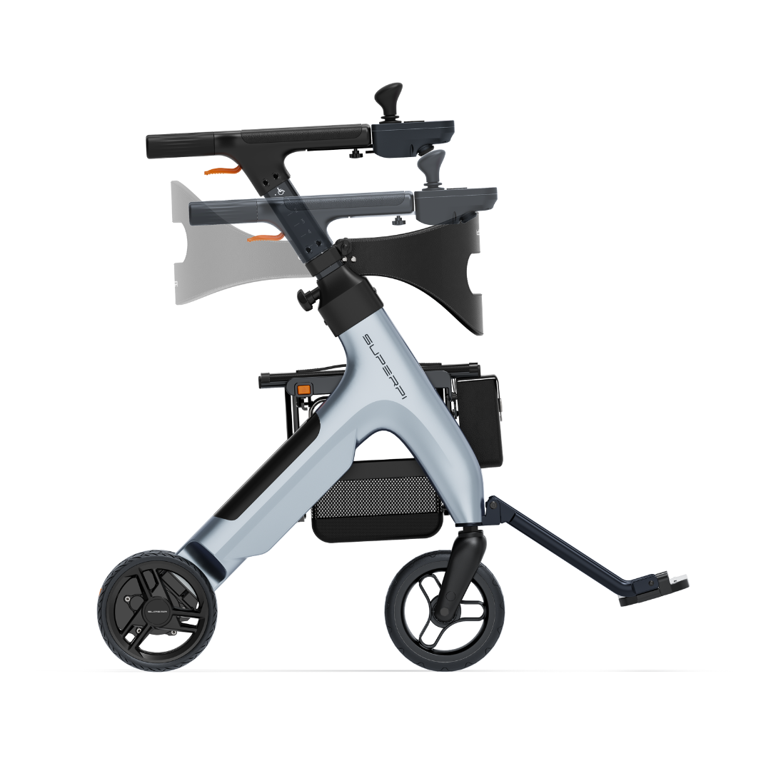 The Superpi W1 Electric Wheelchair Rollator offers 4-in-1 functionality with a modern design, foldable frame, adjustable handlebars, side tray, mesh basket, and footrest for enhanced convenience and portability.