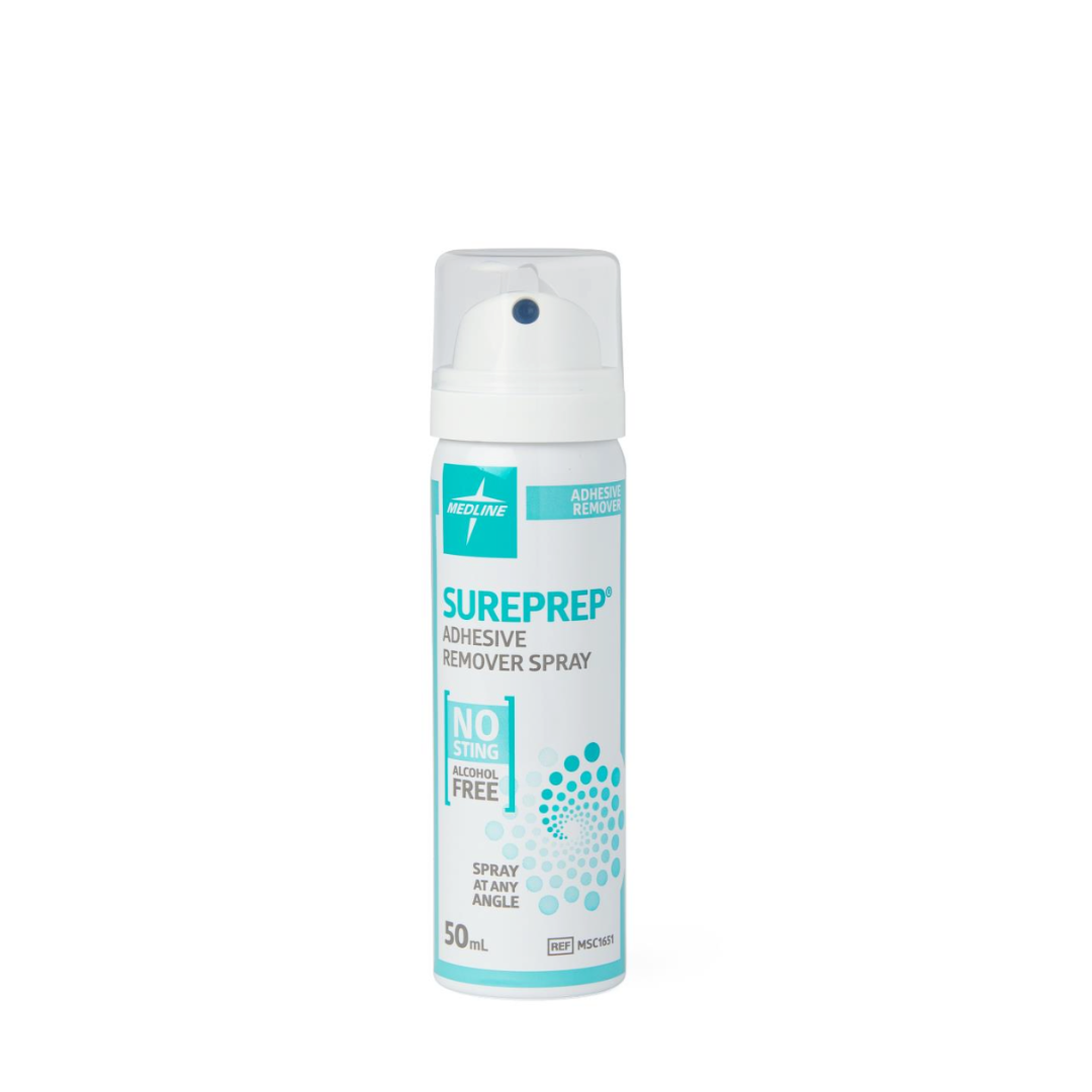Medline SurePrep Adhesive Remover Spray, 50ml, features a white cap and blue label, is alcohol-free and no-sting, and is designed for gentle medical adhesive removal.