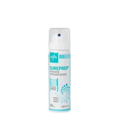 Medline SurePrep Adhesive Remover Spray, 50ml, features a white cap and blue label, is alcohol-free and no-sting, and is designed for gentle medical adhesive removal.
