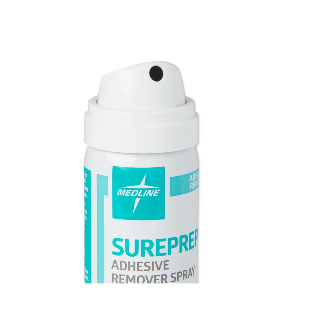 A white canister of Medline SurePrep Adhesive Remover Spray features a turquoise label and a white spray nozzle, photographed against a plain white background.