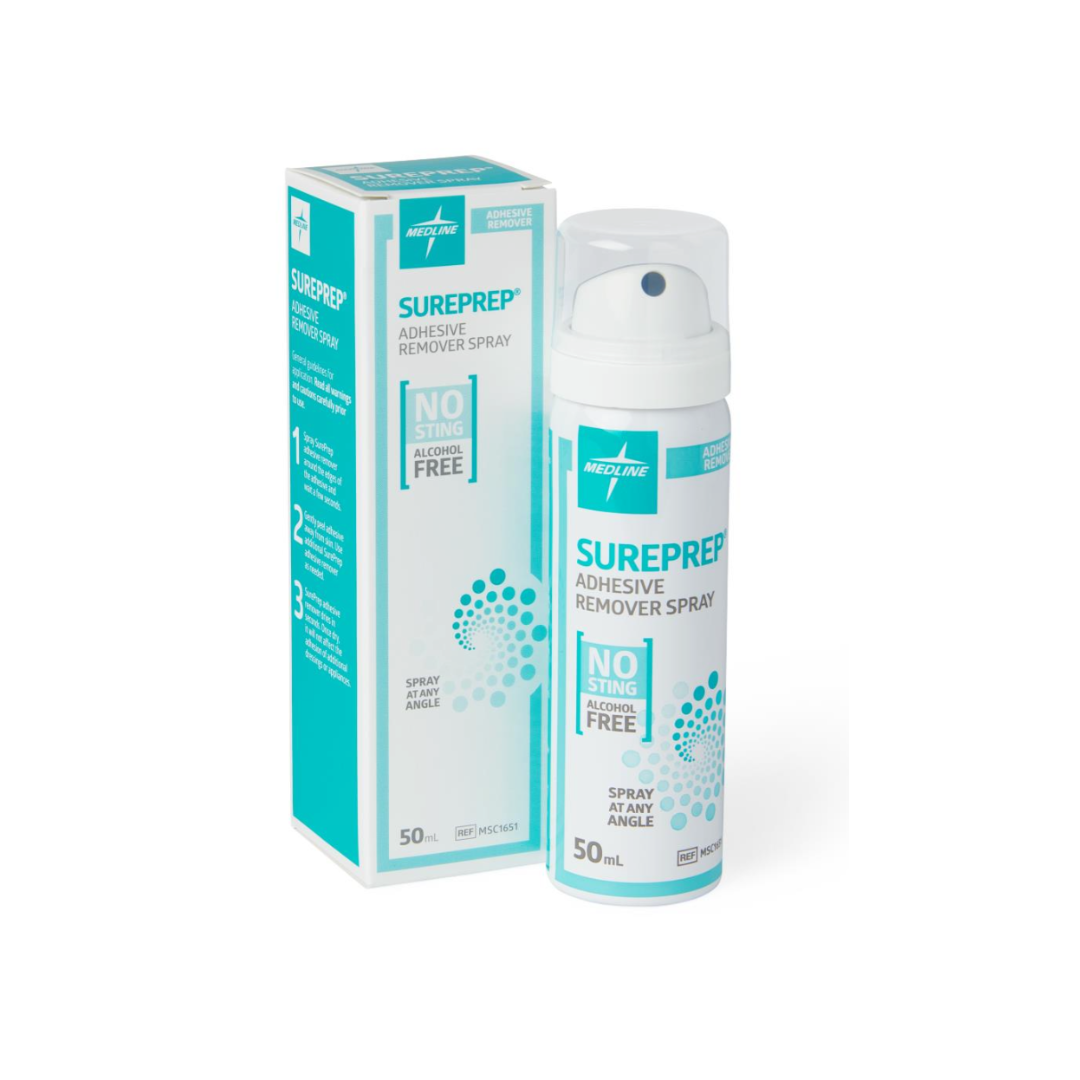 A 50 mL can and box of Medline SurePrep Adhesive Remover Spray with white and teal packaging stating “No sting, alcohol free.” The spray can features a nozzle and is displayed beside its matching box.