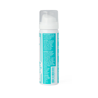 A blue and white canister of Medline SurePrep Adhesive Remover Spray with a clear plastic cap, featuring white text on the label outlining indications, cautions, dangers, and storage instructions.