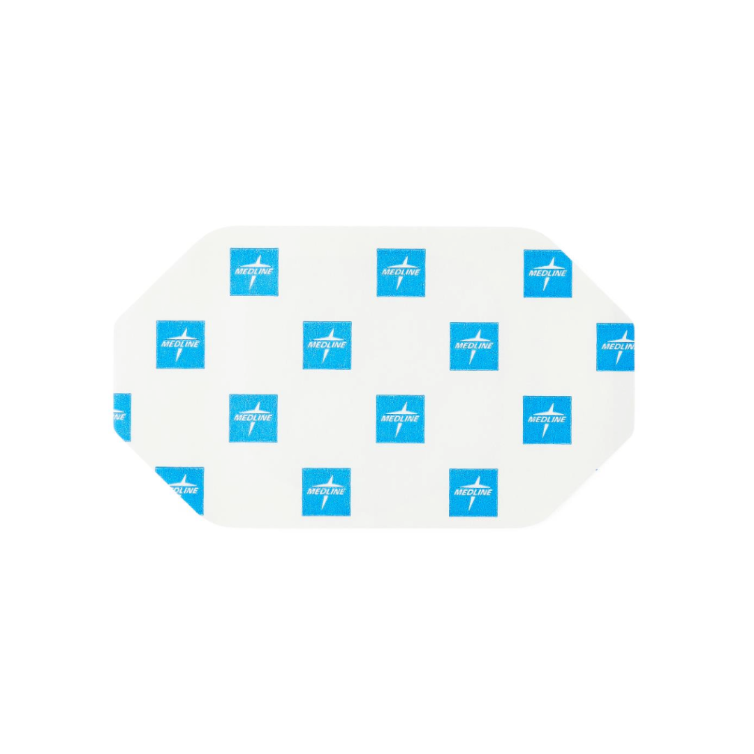 Medline SureSite Window Transparent Film Dressing is a rectangular, transparent film with rounded corners and a white backing marked with blue rectangles and an arrow—ideal for IV site or catheter protection.