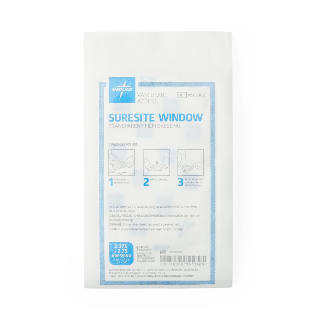 A package of Medline SureSite Window Transparent Film Dressing features product details, a usage diagram, and a barcode on the front label, making it ideal for protecting catheter sites.