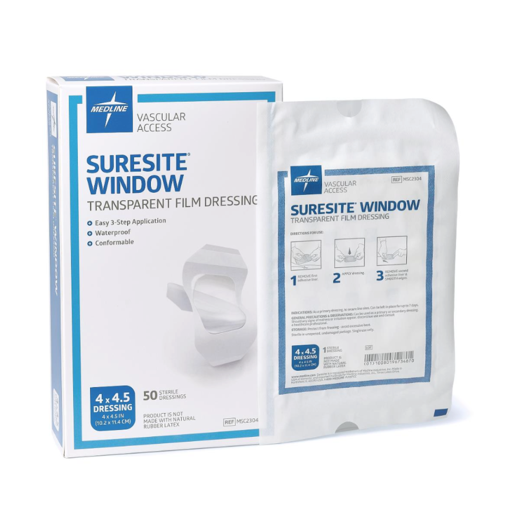 Medline SureSite Window Transparent Film Dressing, 4 x 4.5 in—waterproof, conformable dressing for catheter or IV sites; box and individual packets show product info on packaging.