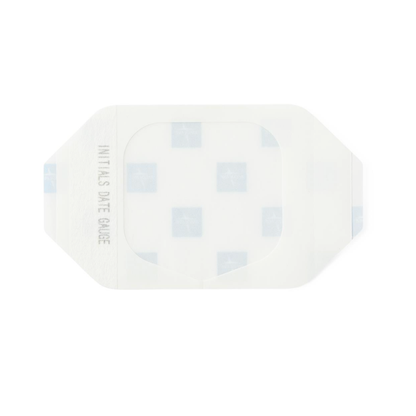 Medline SureSite Window Transparent Film Dressing is a clear IV insertion dressing with a white backing and blue squares, plus a left-side area for writing initials and date, providing dependable catheter site protection.