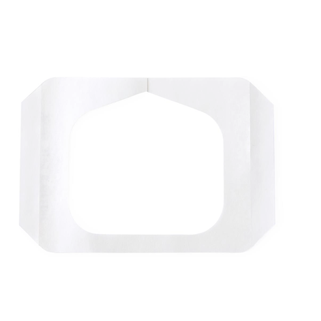 The Medline SureSite Window Transparent Film Dressing is a white adhesive bandage with a rectangular center and angled edges, designed to protect catheter sites. It is pictured against a plain white background.
