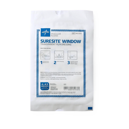 A package of Medline SureSite Window Transparent Film Dressing for catheter site and IV insertion protection, featuring application instructions, product details, and a blue-bordered label on a white background.