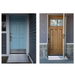 Two side-by-side doors: the light blue one has a modern design, and the wooden one features a top glass panel. Both include silver handles and are enhanced by EZ-Access TRANSITIONS® Angled Entry Ramps with Adjustable Legs for easy access.