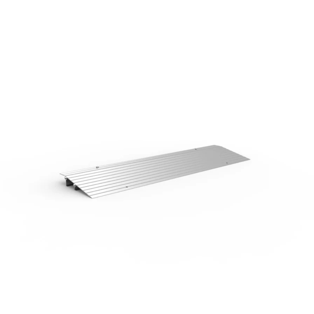 The EZ-Access TRANSITIONS® Modular Entry Ramp features a sleek, metallic silver design with a grooved, slip-resistant surface for wheelchair accessibility, set against a plain white background.