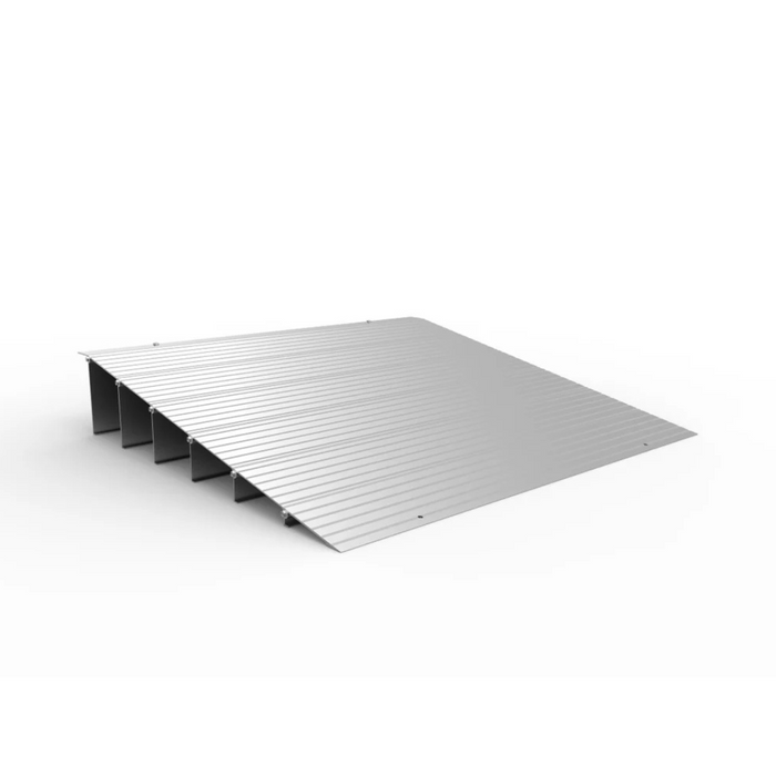 A 3D rendering of an EZ-Access TRANSITIONS® Modular Entry Ramp, resembling a corrugated metal roof panel with parallel ridges, is shown against a white background to emphasize its structure and wheelchair accessibility design.