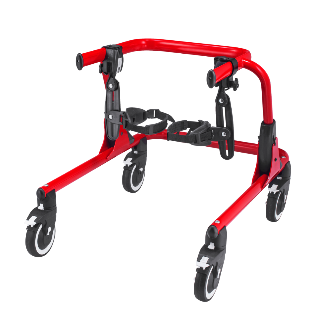Thigh Prompts for Pivot Gait Trainer: Red pediatric posterior walker with four black caster wheels, adjustable black support straps, and thigh prompts for children’s mobility and gait training. Lightweight metal frame shown on white background.