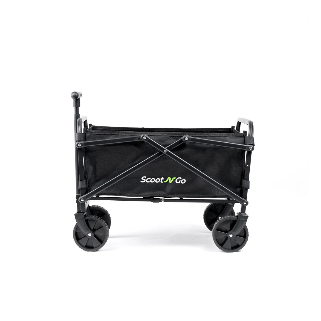 Introducing the Trailer For ScootNgo Lite/Voyager: a black collapsible utility wagon with four wheels and a handle, featuring the Scoot N Go logo on its fabric side. This versatile cart is perfect for transporting gear alongside your Voyager trailer or serving as a convenient scooter trailer option.