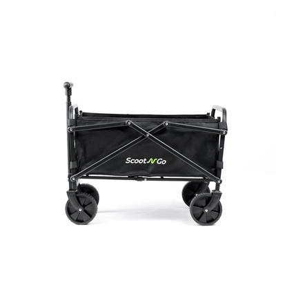 Introducing the Trailer For ScootNgo Lite/Voyager: a black collapsible utility wagon with four wheels and a handle, featuring the Scoot N Go logo on its fabric side. This versatile cart is perfect for transporting gear alongside your Voyager trailer or serving as a convenient scooter trailer option.