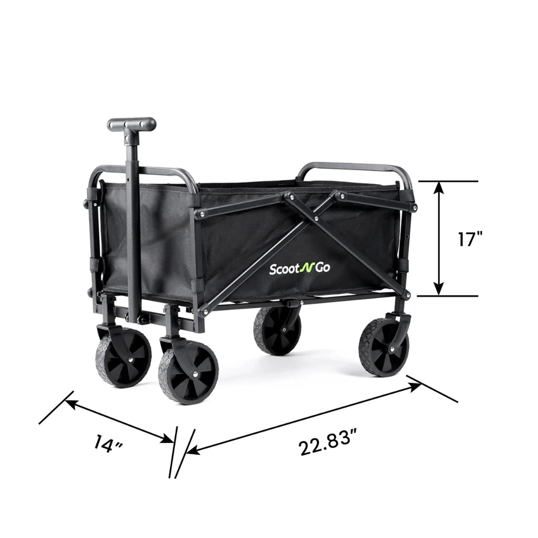 Introducing the Trailer For ScootNgo Lite/Voyager—a black collapsible wagon with four wheels, a handle, and the Scoot N Go logo. Ideal for transporting your gear, this compact trailer from the Voyager collection measures 17″ tall, 14″ wide, and 22.83″ long.