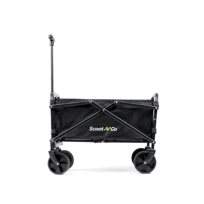 Here’s a revision of the sentence using your product data: A black foldable utility wagon with four wheels and an extended handle, shown from the side. The fabric side panel displays the Scoot N Go logo in white and green text, making it the perfect companion for your Trailer For ScootNgo Lite/Voyager.