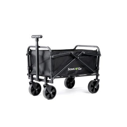 Introducing the Trailer for ScootNgo Lite/Voyager: a versatile black collapsible utility wagon featuring four wheels and a telescoping handle. Built with a durable metal frame and fabric body, this trailer is ideal for convenient transport or as an attachment for your scooter. The side displays “Scoot N Go” in green and white lettering, combining practicality with style.