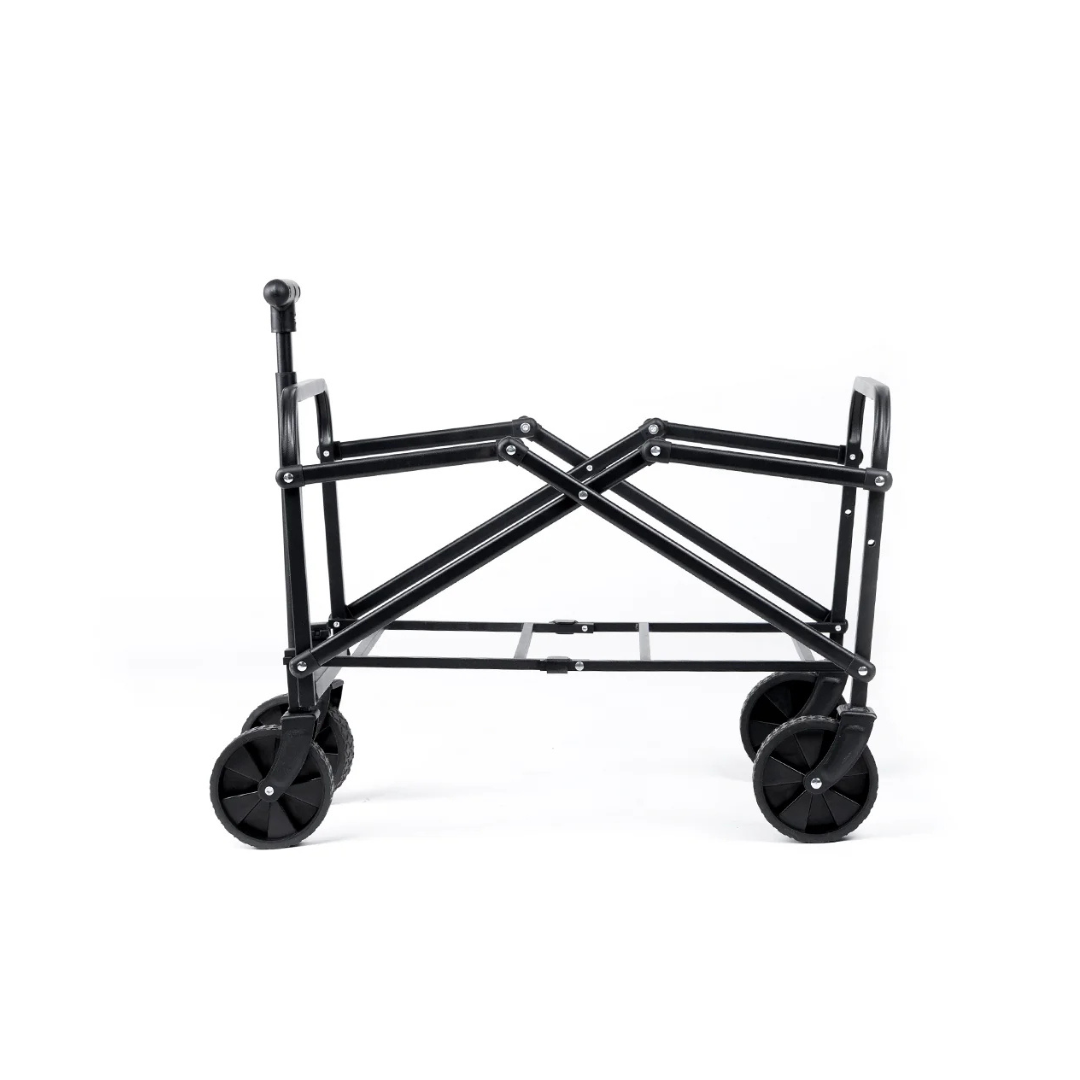 A black metal Trailer For ScootNgo Lite/Voyager with four wheels is shown partially collapsed against a white background—ideal for use as a compact trailer or accessory with your ScootNgo Voyager and ScootNgo Lite.